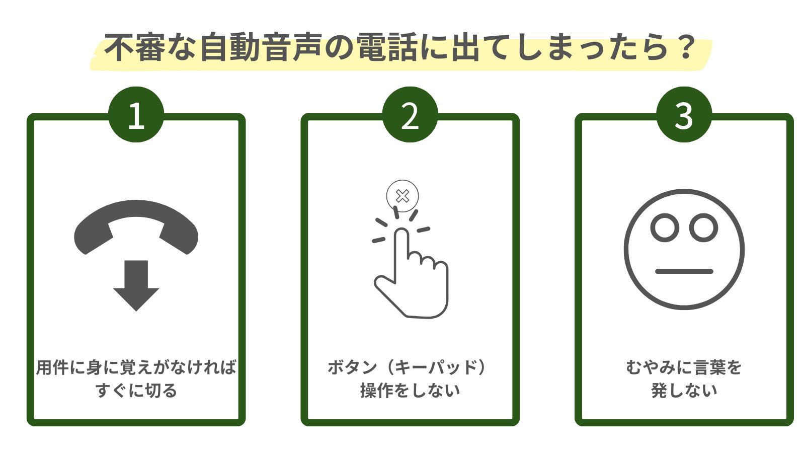 不審な自動音声の電話に出てしまったときの対処法をまとめた図